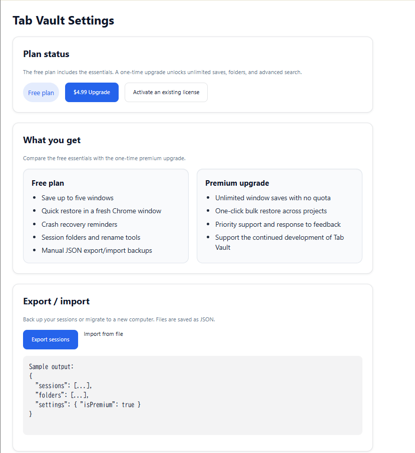 Tab Vault options page showing plan status and upgrade button