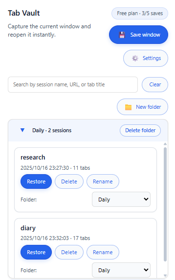 Tab Vault popup showing saved sessions and folders